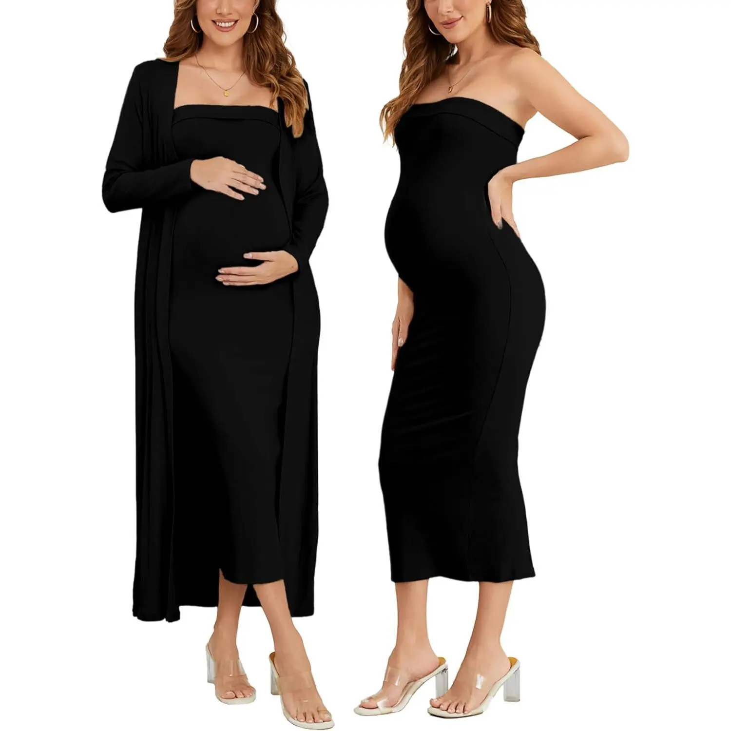 Ecavus Maternity Tube Dress Long Cardigan 2 Piece for Baby Shower and Wedding Guest Ribbed Maternity Photoshoot Dresses