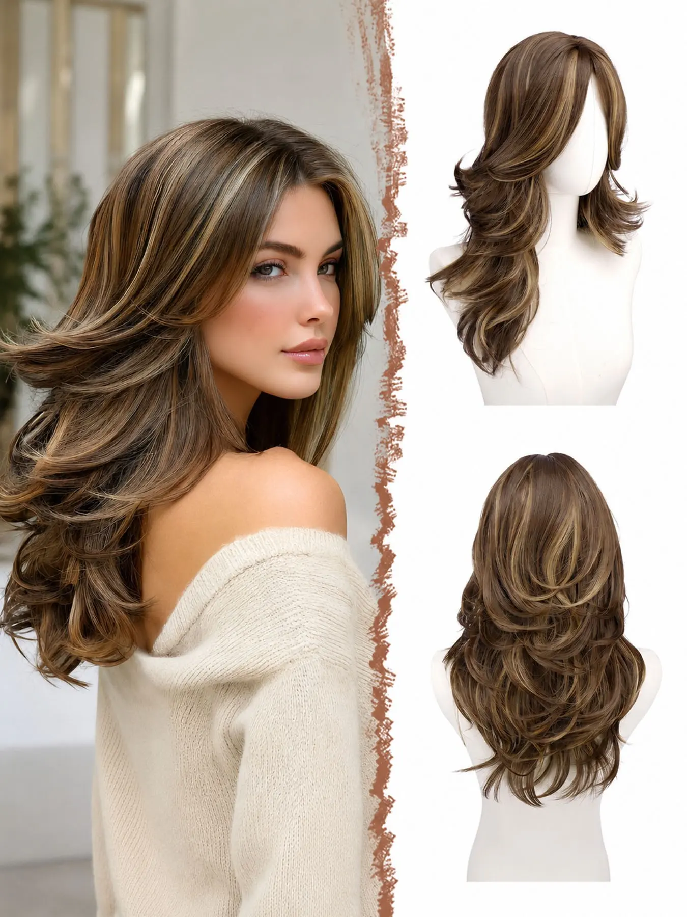 Brown with Highlights Wavy Layered Wig with Curtain Bangs for Women, 20 Inch Long Synthetic Natural Looking Middle Part Hair Wig