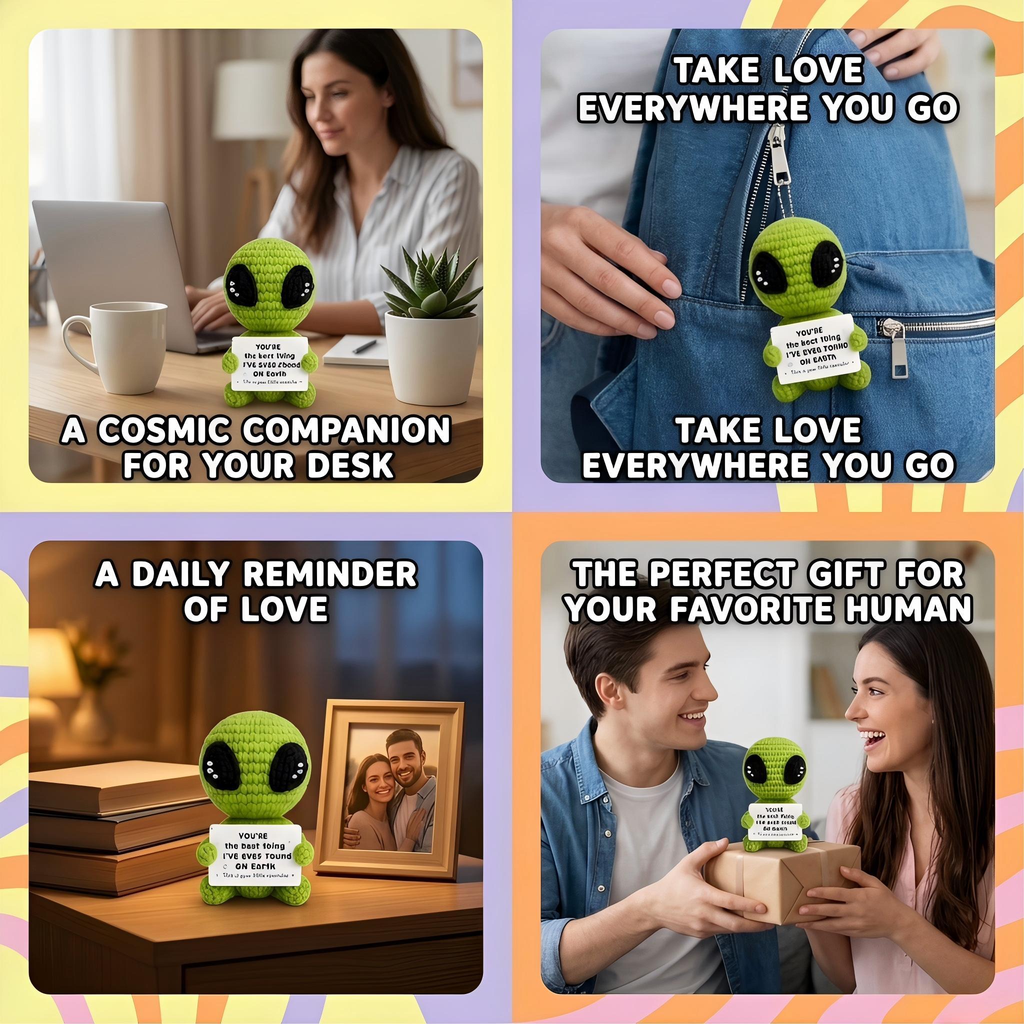 Cute Handmade Mini Knitted Alien Plush Emotional Support Stuffed Toy, Soft Stress Relief Doll for Christmas & Birthday Gifts for Women & Men, Teacher Appreciation Present, Bag Charm Keychain & Desk Decor, Unique Handcrafted Holiday Gift for Him, Her, Frie