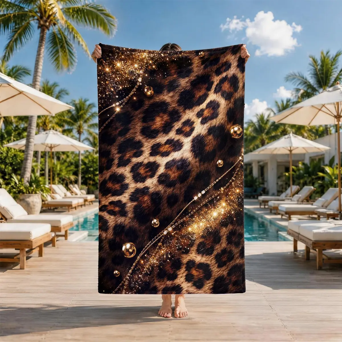 Leopard Print Sparkle Beach Towel, Travel Towels, Absorbent Quick Dry, Quick-Dry Soft Polyester, Multi-Use Yoga Travel Swim Camping, Large Size, Best Gift