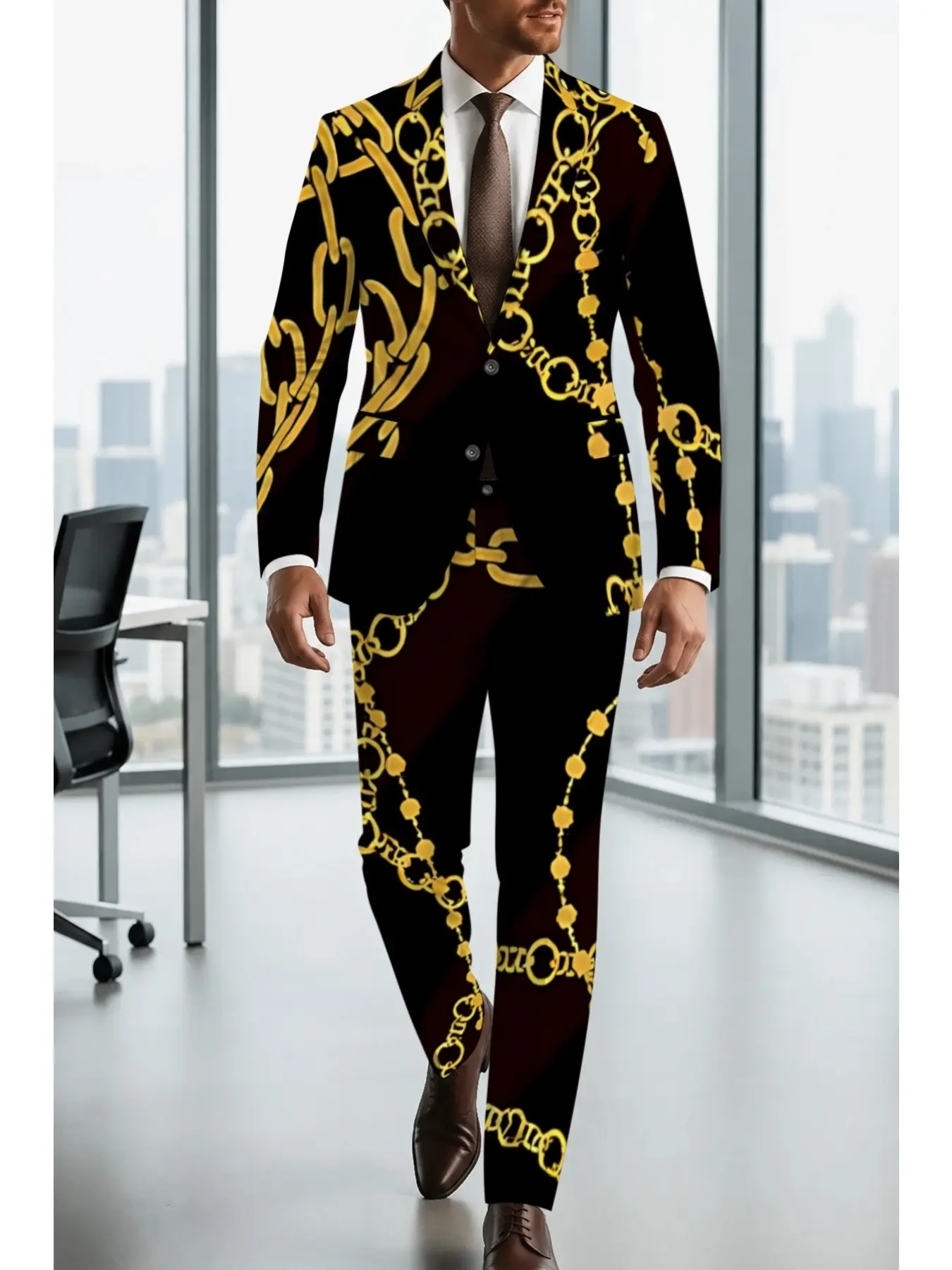 Luxury Trendy Suit Two-Piece Set, Gold Classic Color, Elegant Chain Print, Perfect for Fashion Bloggers, Nightclub Artists, Luxury Events