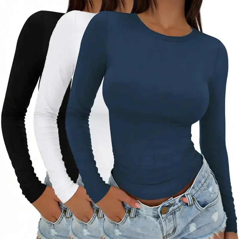 2026 New Women's 3-Piece Longsleeve Crop Top Set - Basic Crew Neck Underscrubs, Soft Fabric, Casual Streetwear for Sports, Travel Essentials by Lumina Accent Co.