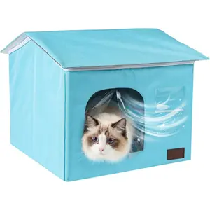 Cat Cooling House for 1 Cat, Indoor Cooling Cat House for Summer, Blue Cat Hideaway Bed with Side Ice Packs, Insulated Foil Lining