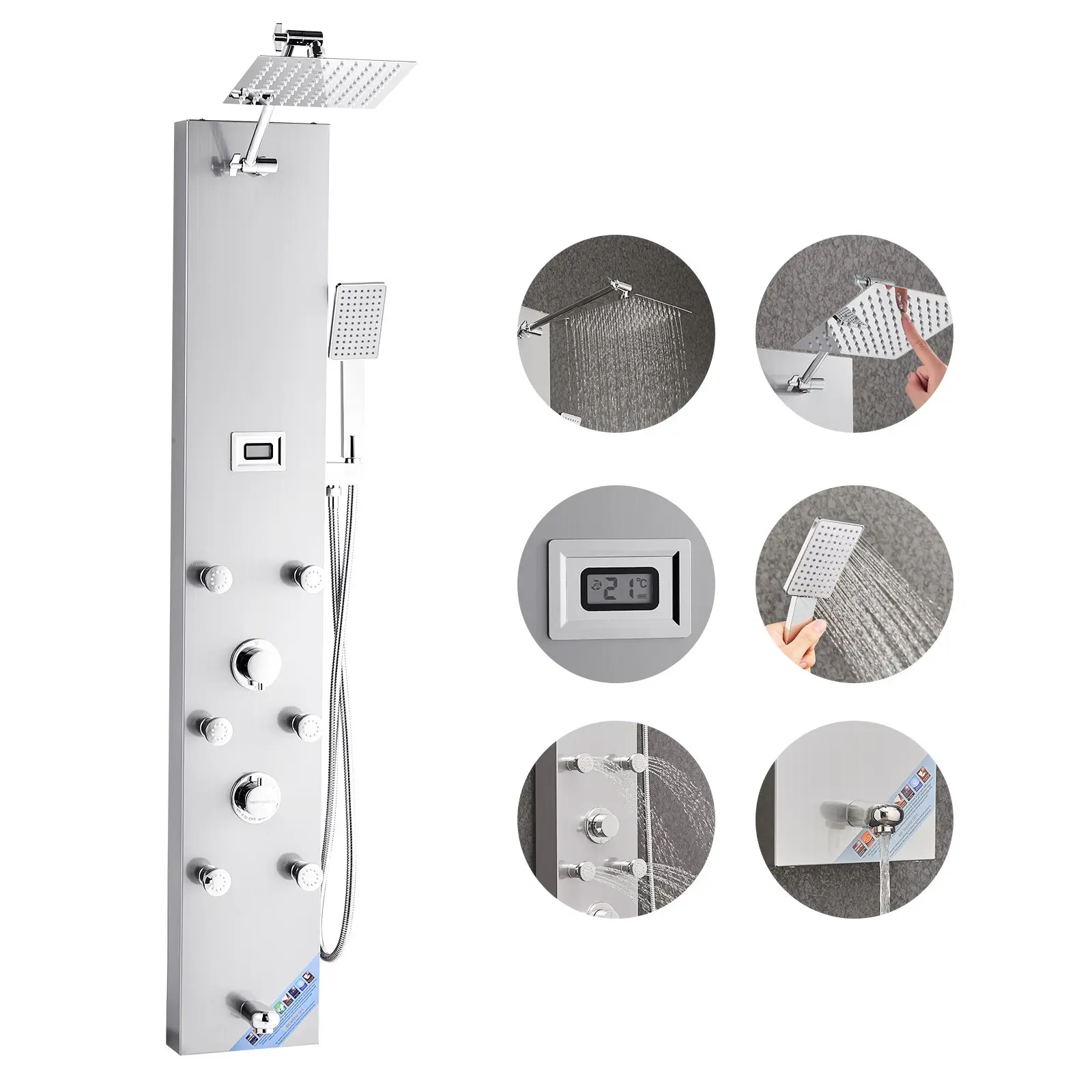 【DealsForYouDays】VEVOR Shower Panel Tower System with Rainfall Shower Head, LED, 49 in Brushed Stainless Steel Shower Column, 4-Function Faucet, Wall-Mount Rain Massage System with 6 Body Jets, Handheld, and Tub Spout