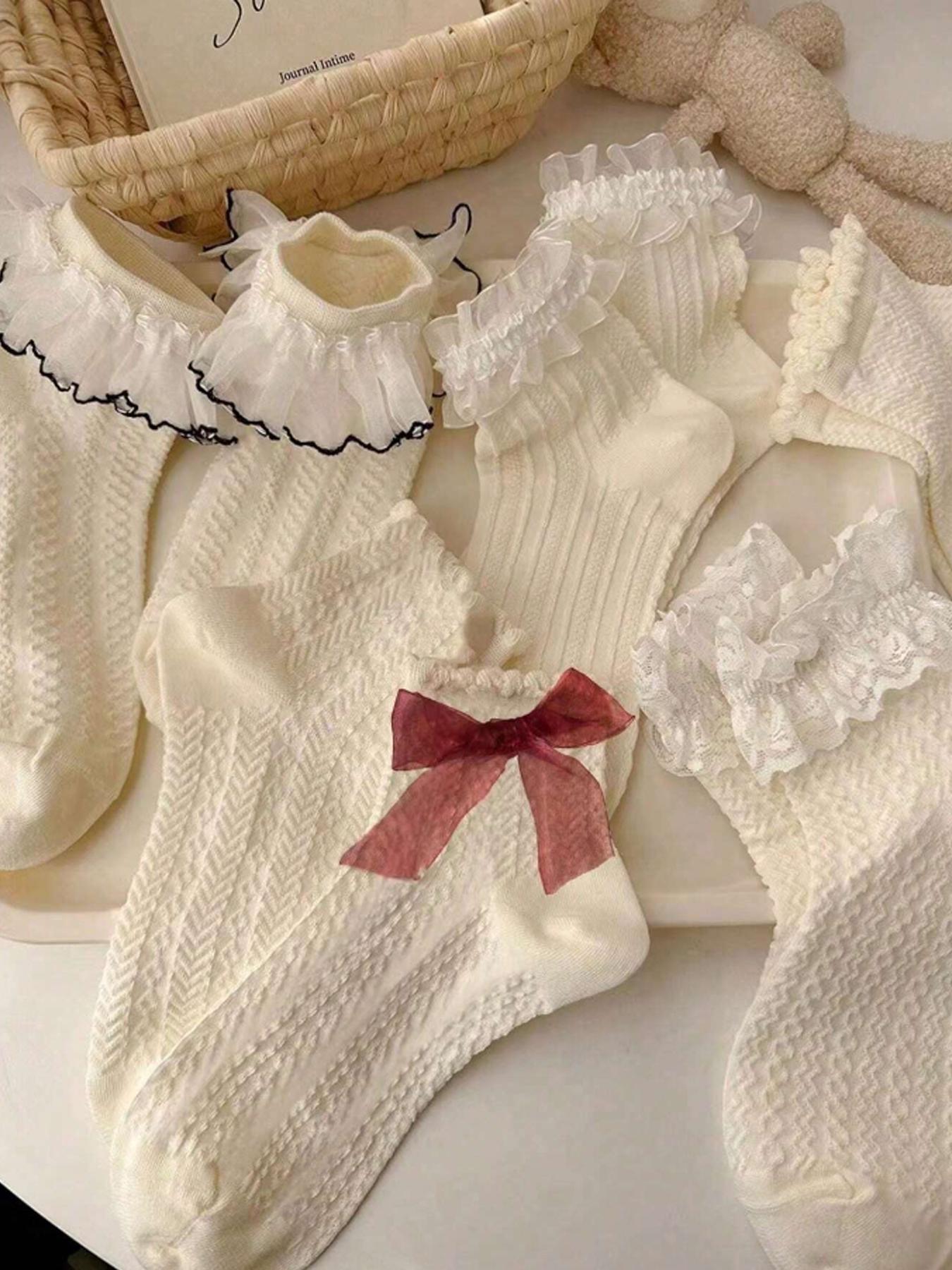 5 Pairs of Women's Simple Versatile Bow Lace Frill Lolita Mid-Calf Socks, Trendy Fashion Accessories for Every