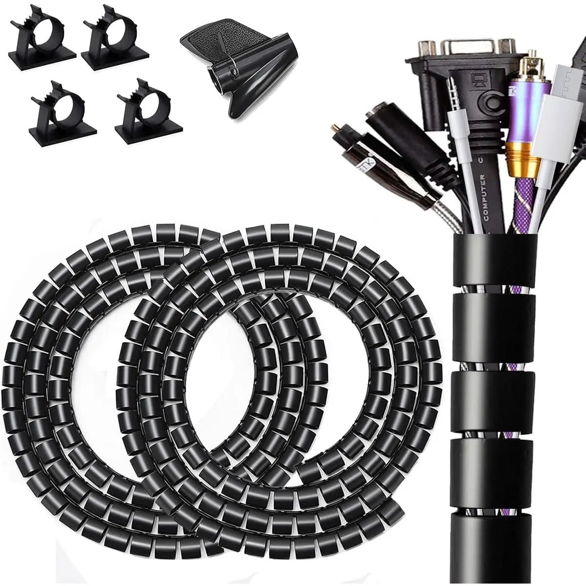 Large PC Cable Management Tube Sleeve Under Desk Wire Organizer for Cords 2 PCS Black, 1.1 inch -5 ft EZ Spiral Cable Wrap Cover Bundler w/Clips for TV Office, Pet Proof Cable Protector