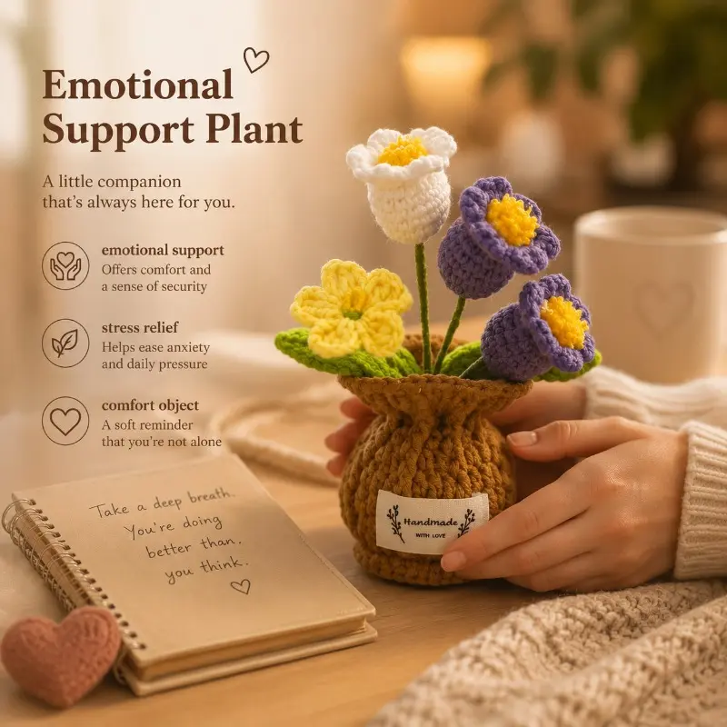 Positive Emotional Support Crochet Tulip Thank You Gifts for Women Handmade Crochet Flower Potted Plant Ornament Knitted Artificial Flower Vase Decor Tulip Sunflower Lily of The Valley Forget-Me-Not Fake Flower Desk Tabletop Decorations Single Pack