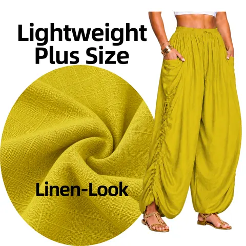 Lightweight Plus Size Women's High Waisted Harem Pants Casual Wide Leg Baggy Trousers Drawstring Pockets Medium Stretch Loose Fit Parachute Pants Trendy Boho Y2K Streetwear Spring Summer Versatile Comfy Lounge Ruched Joggers Solid