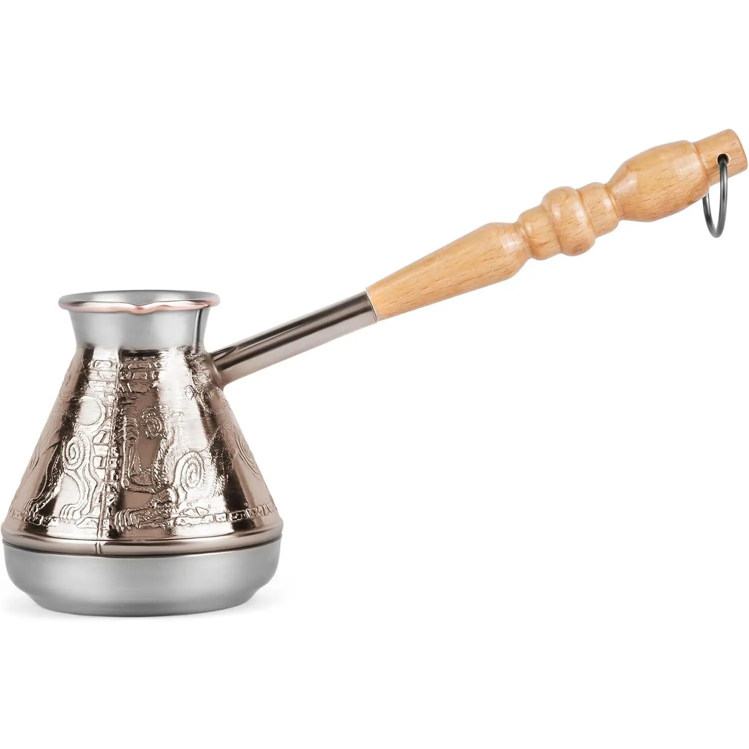 Leopard Copper Turkish Coffee Pot with Wood Handle - 7 oz / 200 ml Large Cezve, Greek Arabic Coffee Maker, Coffee Making