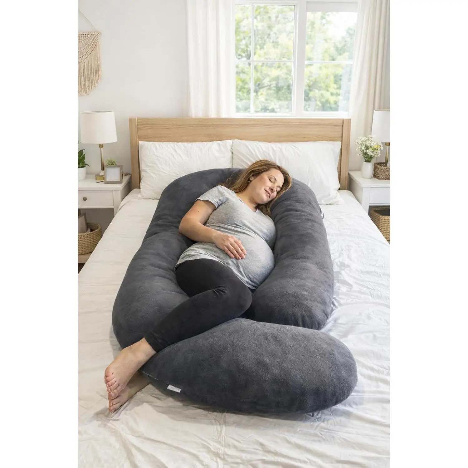60" J-Shaped Maternity Pillow - No-Wedge Functional Supportive Sleep Aid for Expecting Moms, Full-Body Back, Belly & Hip Comfort, 60 Inches