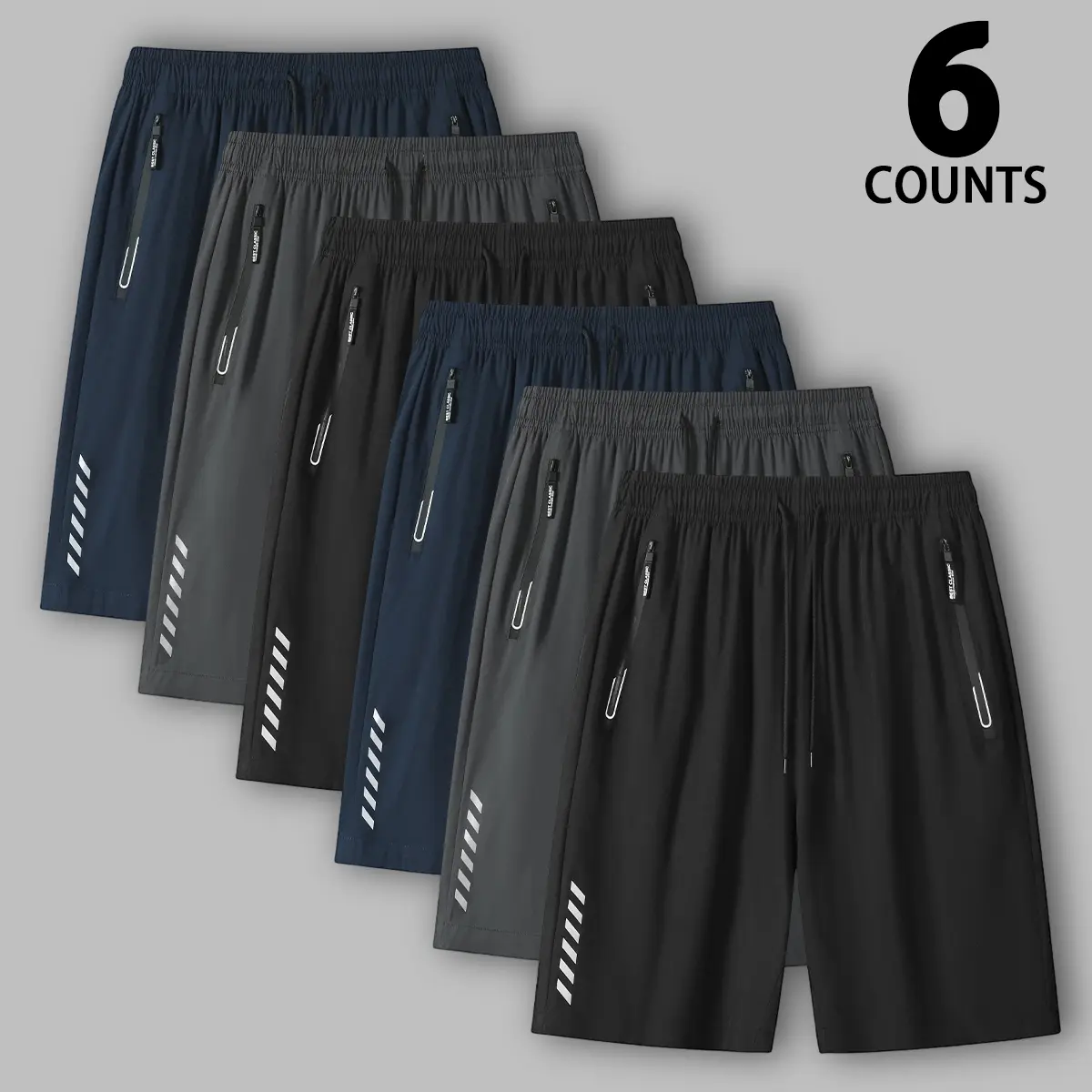 Men's Quick Dry Athletic Knee Length Shorts, Elastic Drawstring Waist Loose Sport Shorts with Zipper Side Pockets & Reflective Strip Print, Lightweight Breathable Streetwear Bottoms for Gym Running Beach Hiking Travel Daily Summer Workout Casual Shorts fo