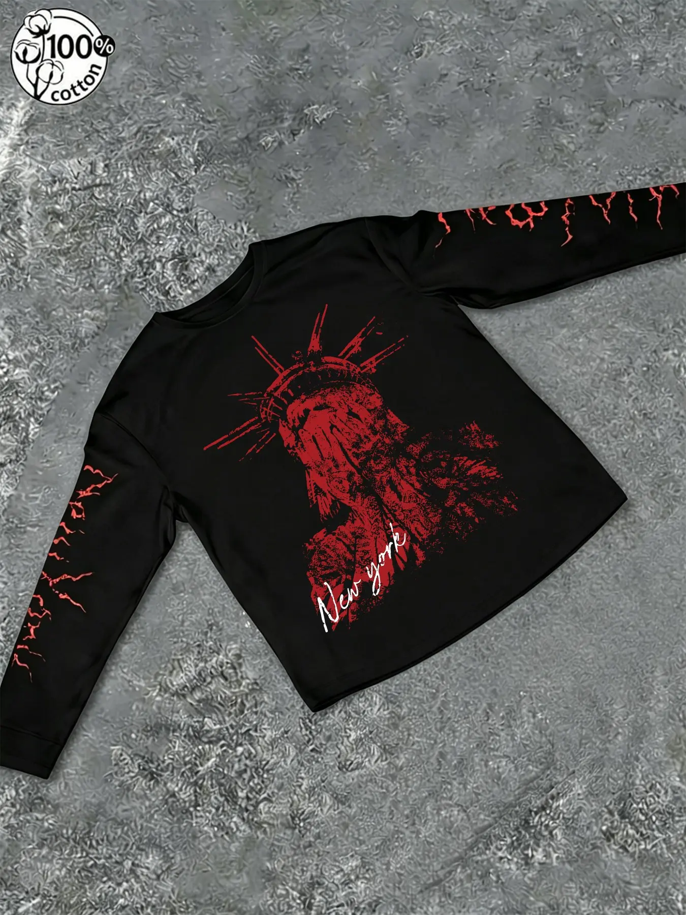 Unisex 100% Cotton Dark Statue of Liberty Print Long Sleeve Tee Cracked Sleeve NYC Theme Neo-Grunge Streetwear Oversized Top Distressed T Shirt