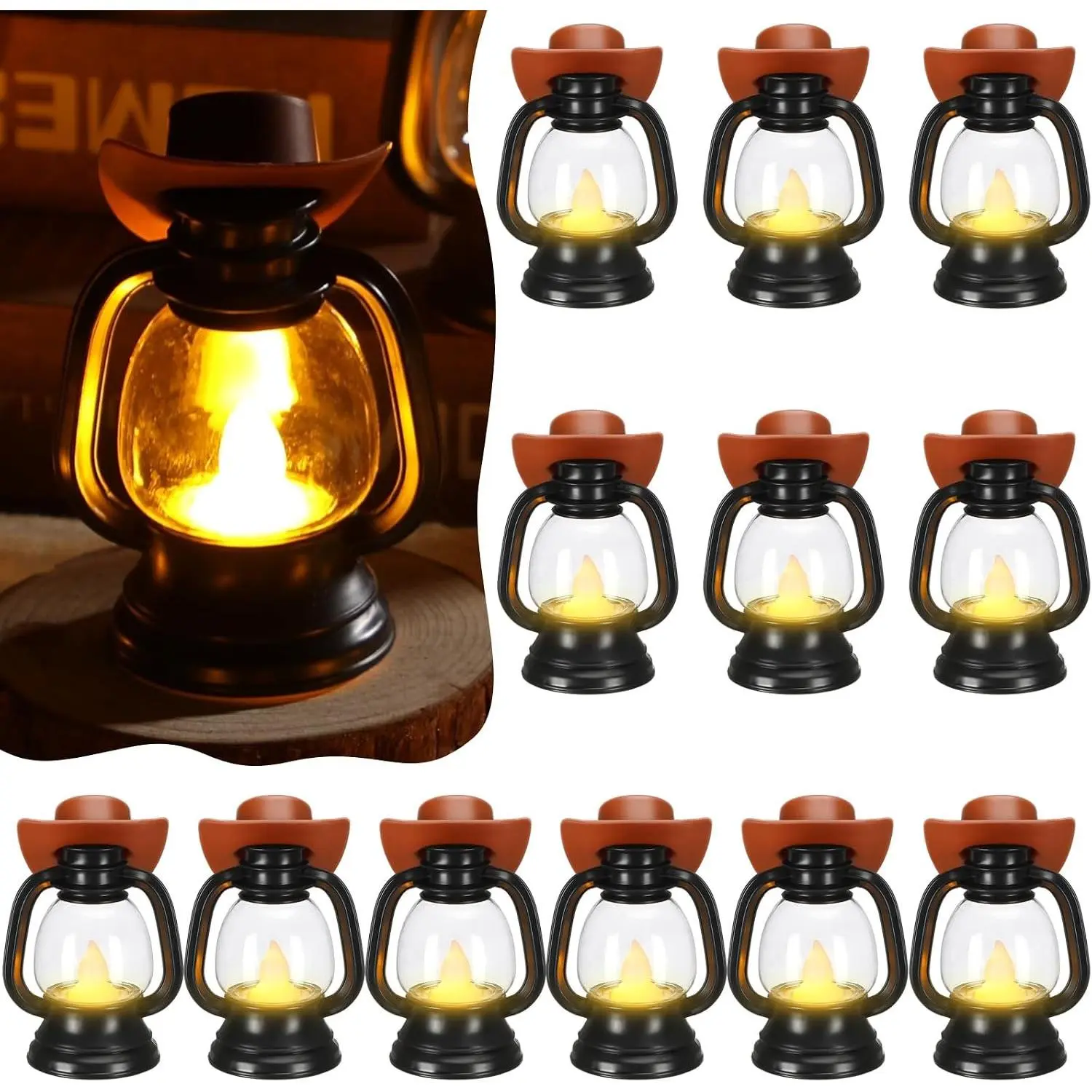 12 Pieces Cowboy Hats Mini Lantern Western Cowgirl Small Lantern Decoration Retro Tiny Lamp with LED Candle Hanging Table Centerpieces Decor for Wedding Birthday Party Favor (Brown)