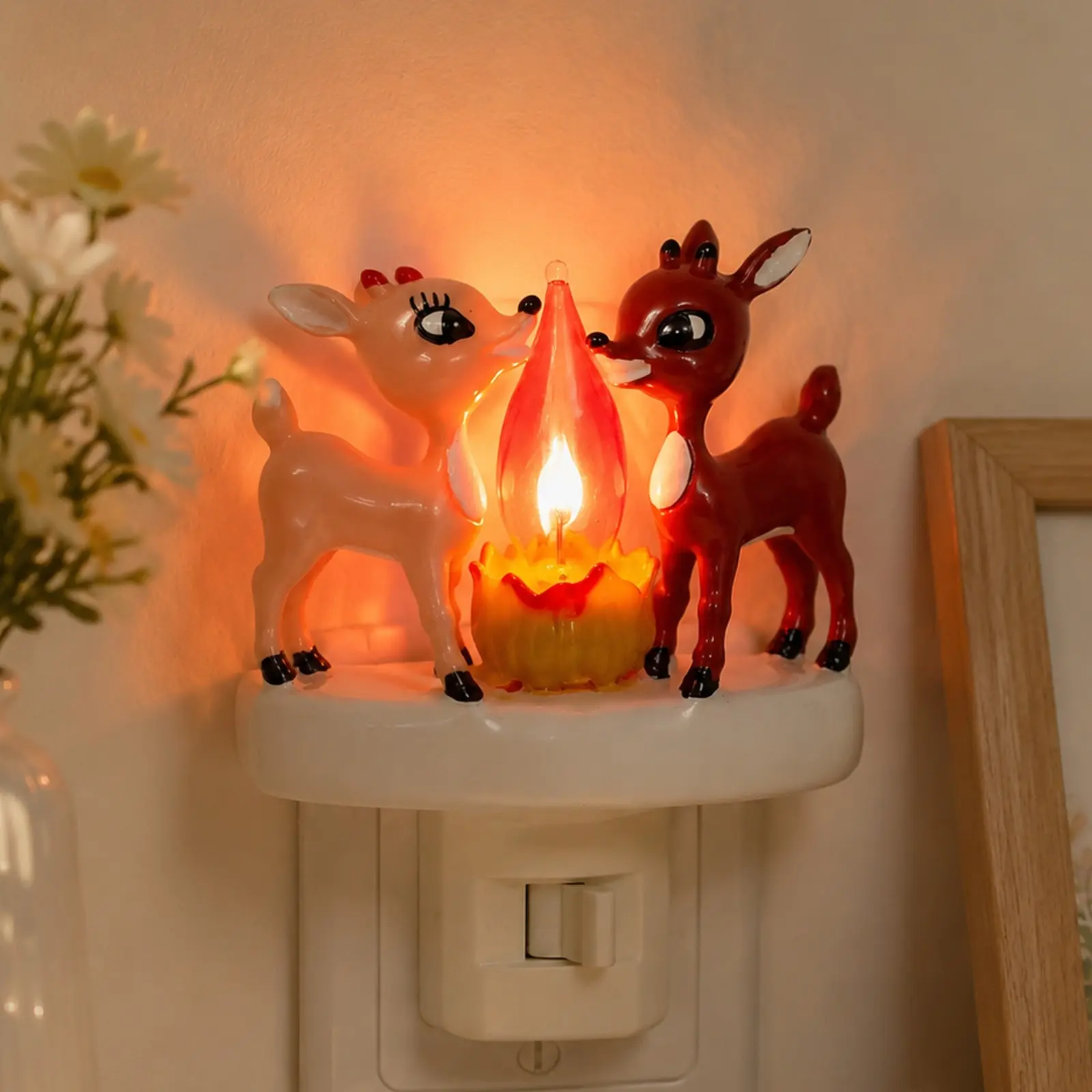Rudolph & Clarice By Fire NightLight Flicker Flame Christmas Light,Cute Christmas reindeer decoration, Christmas-themed decoration