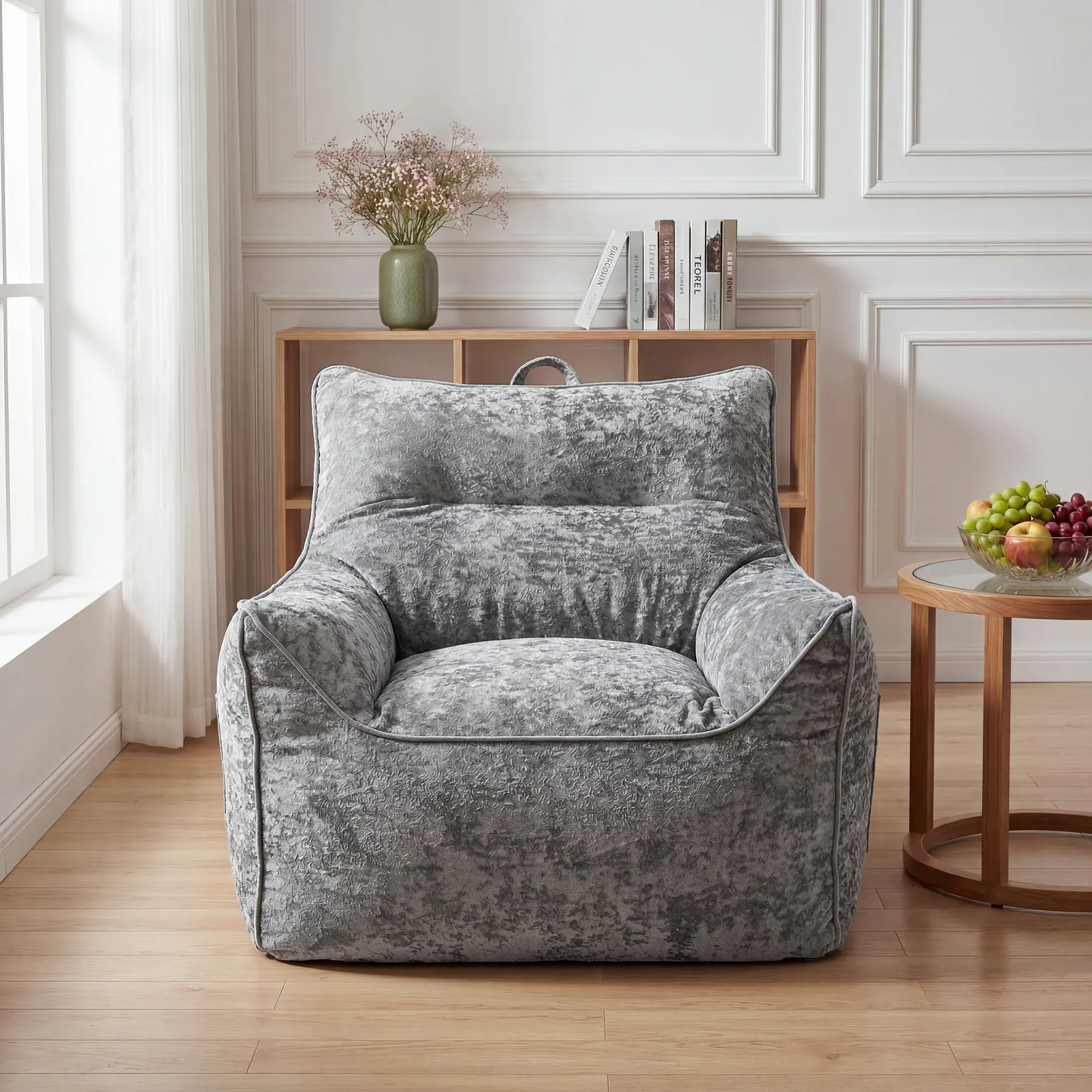 Ergonomic Chenille Bean Bag Chair with Armrests & Side Pocket - High-Density Shredded Foam - Oversized Comfy Lounge Sofa for Adults & Kids - Perfect for Living Room, Bedroom, Gaming - Gray or White