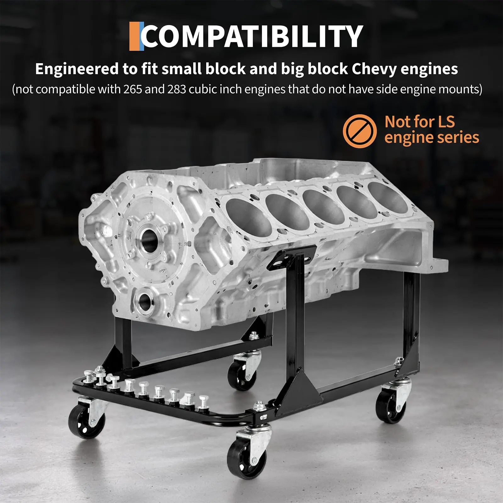 Heavy Duty Steel Engine Cradle Stand ,750 lbs Capacity , 4 Swivel 3" Casters Fits Chevrolet Small and Big Block , Ideal for Engine Support, Storage, Transport and Maintenance