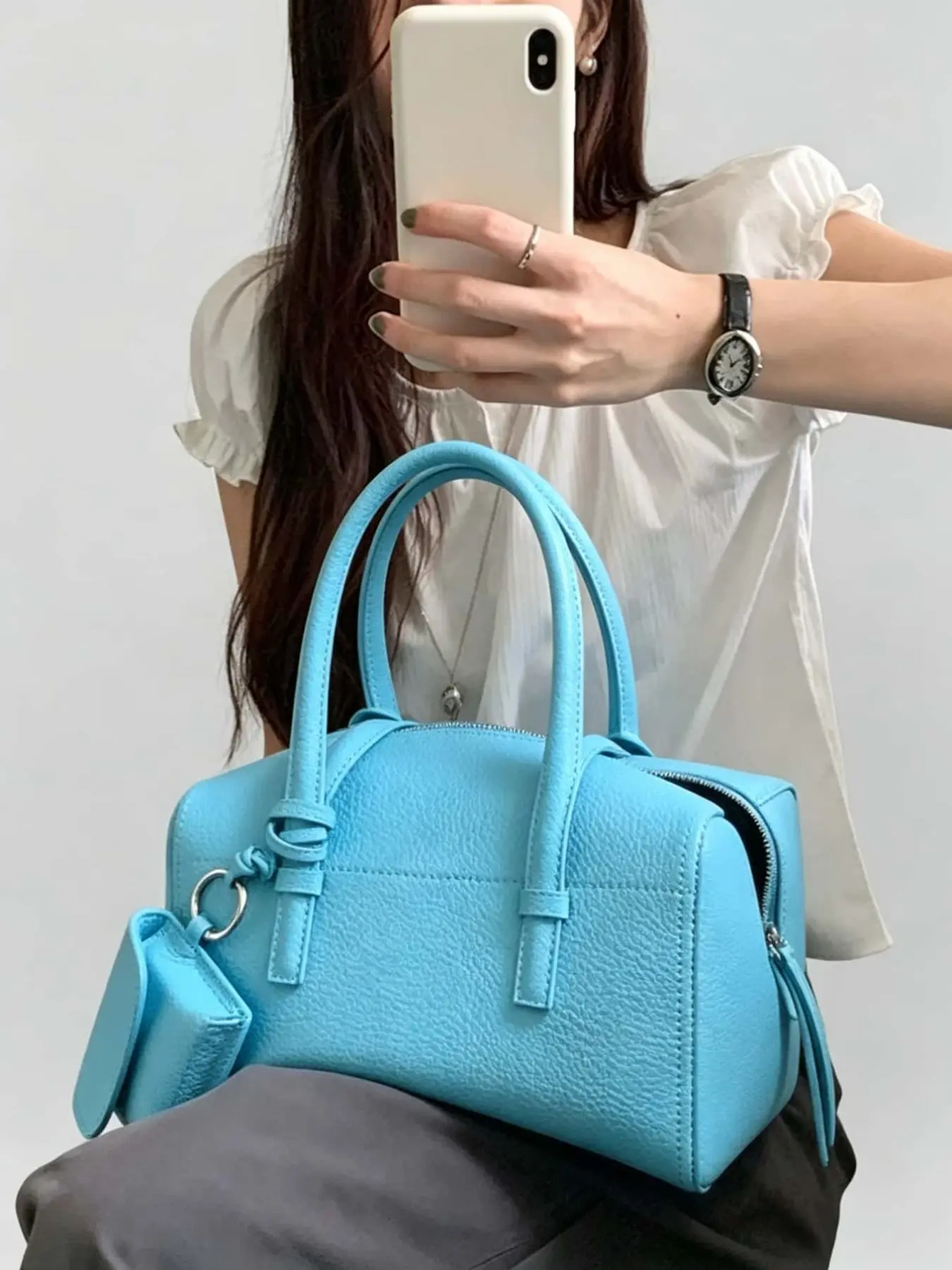2026 Spring Summer Korean Style Large Capacity Boston Bag Crossbody Shoulder Bag for Women, Minimalist Daily Use Street Fashion Polka Dot PU Material