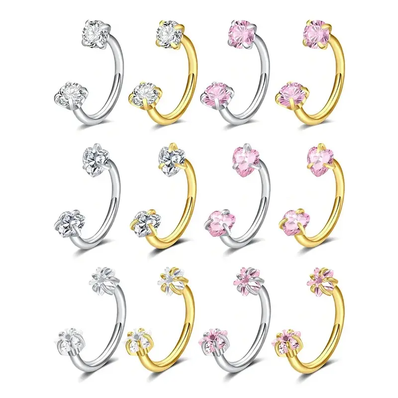 2 PCS Stainless Steel C‑Shape Horseshoe Piercing Rings, Claw‑Set Zircon Nose Lip Ear Unisex Body Jewelry