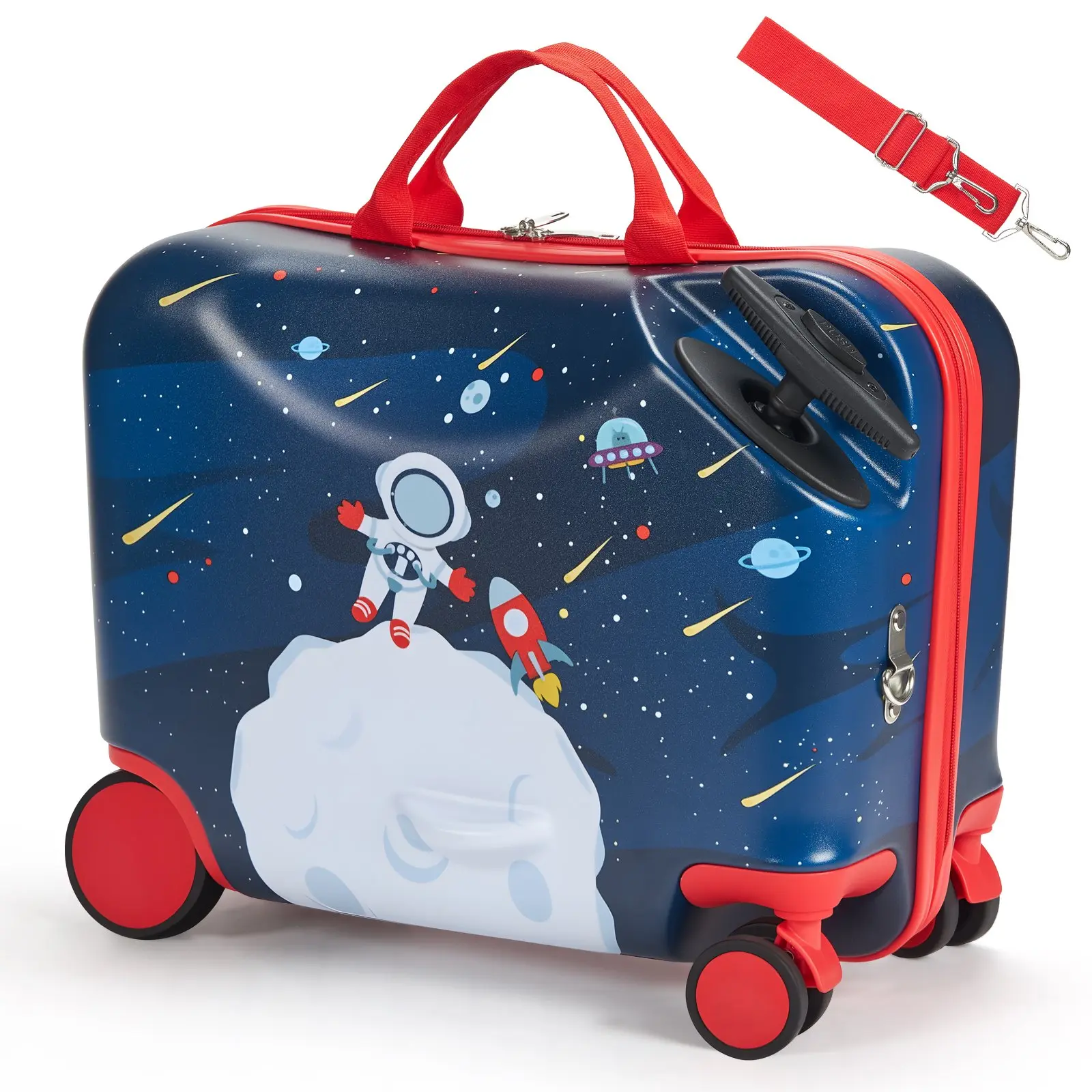 VEVOR Ride-on Luggage, 26 L Capacity, 18 Inches Tow Along Toddler Carry on Luggage with Wheels, Adjustable Shoulder Strap, Lightweight Kids Riding Suitcase for Boys & Girls Aged 3+, Blue & White