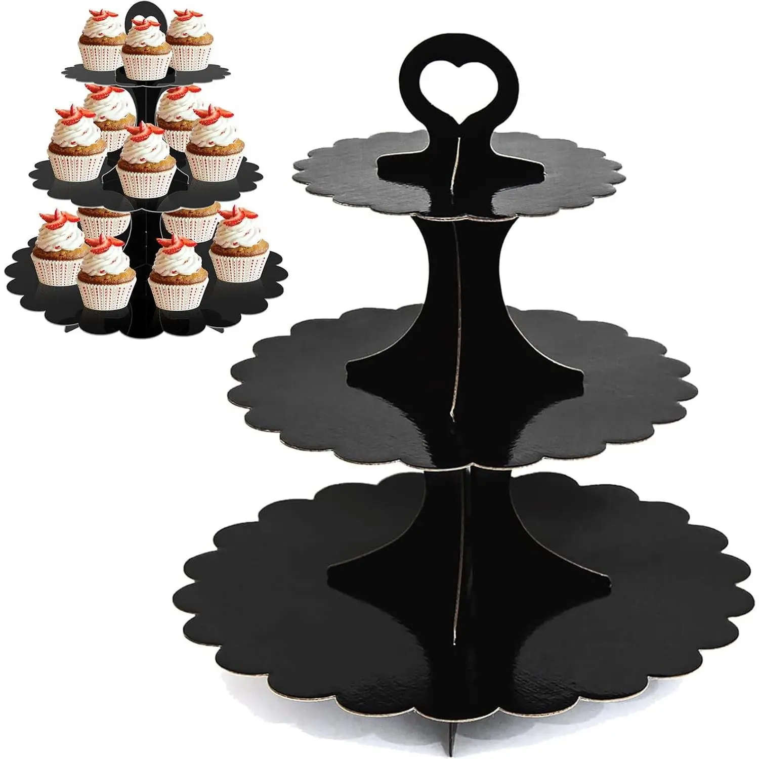 2 Pack Black 3-Tier Cupcake Stand, Premium Dessert Display Tower with Heart Handle Design, 60-Second Easy Assembly for Wedding Birthday Baby Shower Graduation Parties