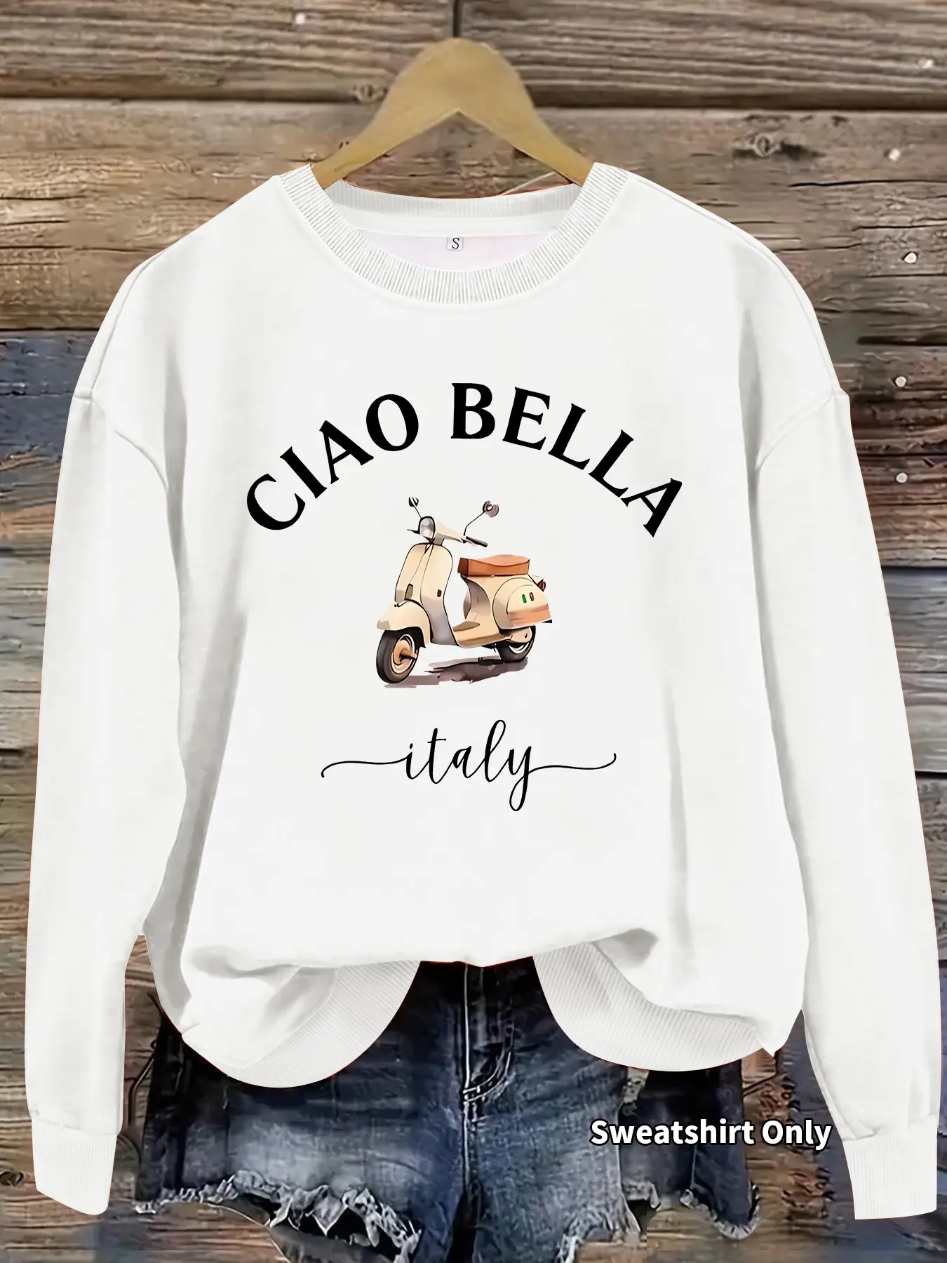 Women's Casual Fleece Sweatshirt, Ciao Bella Skateboard Print, Round Neck, Long Sleeve, Loose Fit, Fall & Winter