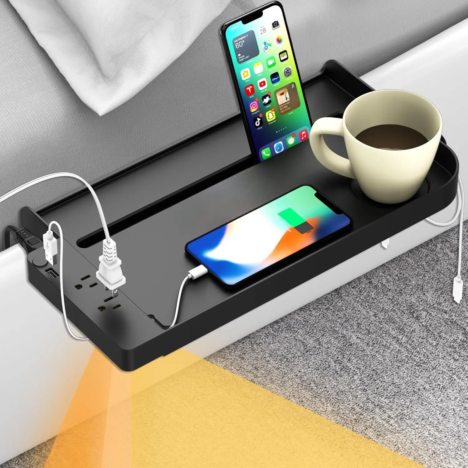 Bedside Shelf for Dorm Bunk Bed with USB  Port and 2 AC Outlets, Bedside , Attachable Bedside Table, College Dorm Essential Clip  Bedside Tray, Bunk Bed Accessories, Bedroom Furniture