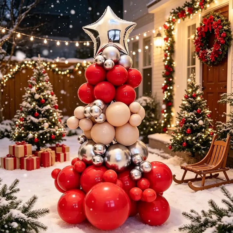 117 Piece Christmas Tree Balloon Set, Skin Tone, Silver Color Latex Balloons, Star and Candy Balloons, Perfect for Holiday Decorations