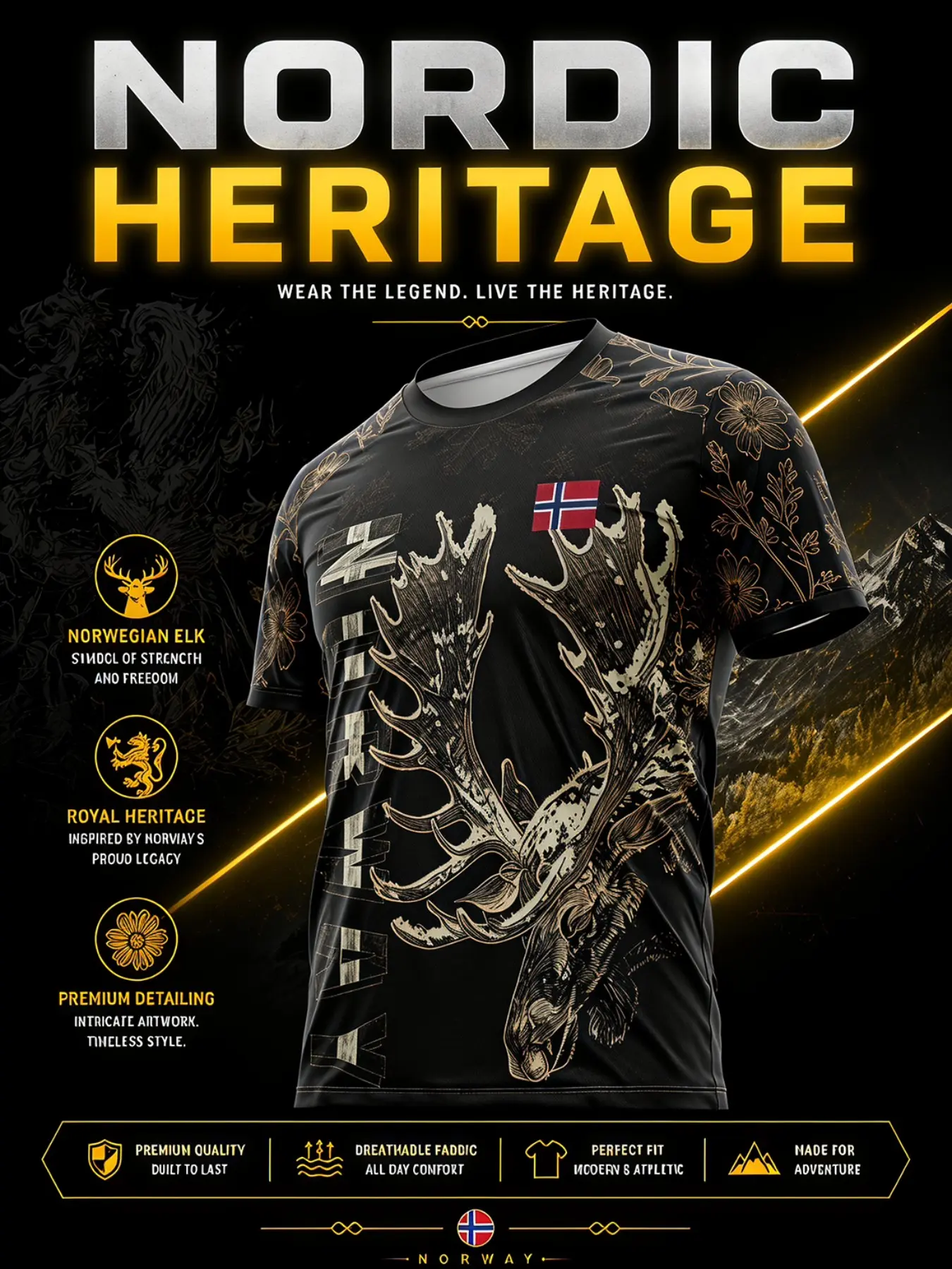 2026 Norwegian Gold Nordic Flower Shoulder Sleeve Soccer Jersey, Lightweight Durable Sportswear, Quick-Dry Breathable Short Sleeve