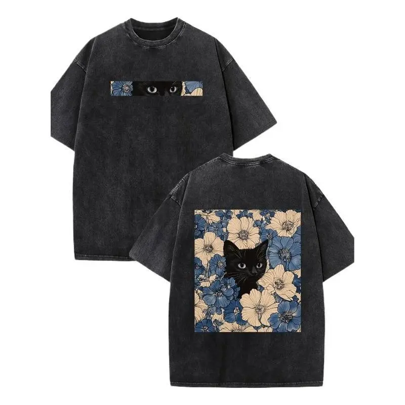 Vintage Washed Black Cat Floral T-Shirt, Fun Print Pure Cotton Streetwear Top for Men Women, Casual Beach Daily Look