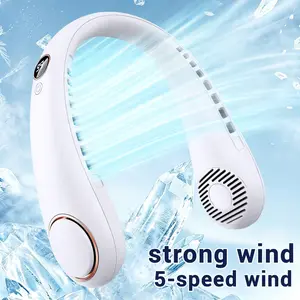 1pc Bladeless Neck Hanging & Handheld Turbo Dual-Use Mini Fan, 5-Speed Adjustable Wind, LED Display with Light,  Rechargeable Battery, Portable Personal Cooling Fan Blows Cold Air, Ideal for Students, Home, Office, Outdoor Travel, Beach, Holiday Party