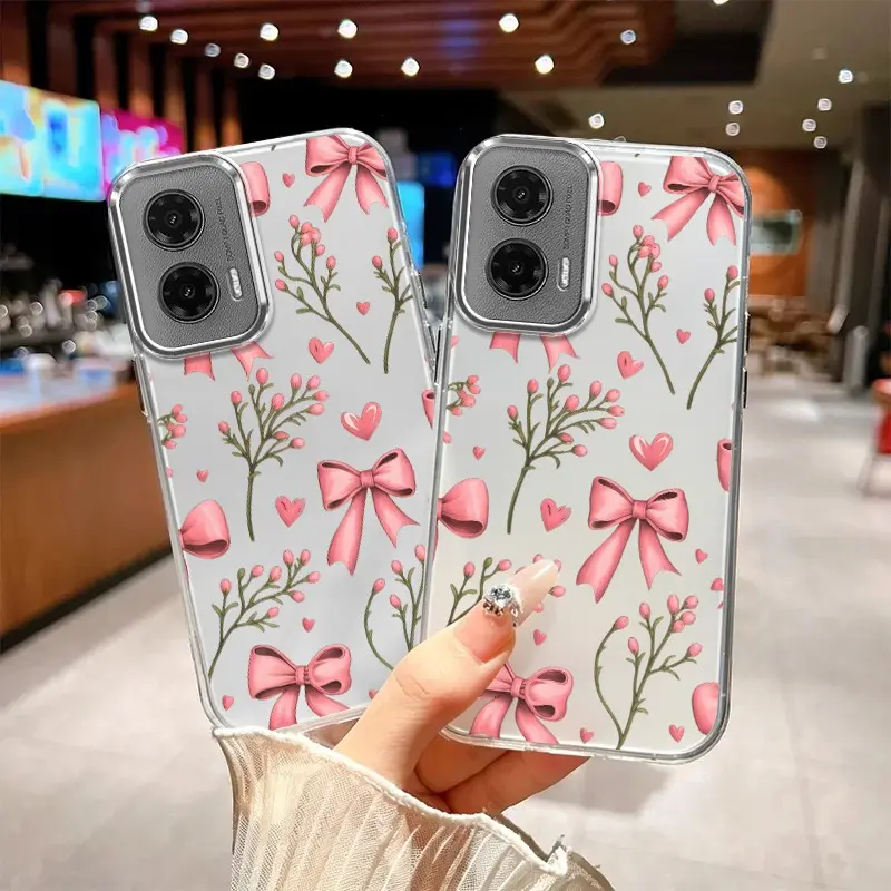 BOLYKNERW Rigid TPU Phone Case & Shell for Motorola Moto G35, Exclusive New Modern Pink Bows & Floral Buds Pattern Protective Cover