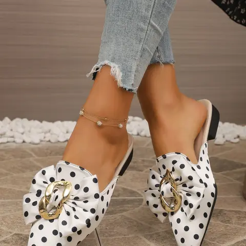 Women's Fashion Polka Dot Bow Mules, Mule Flats, Slip-On Shoes, Pointed Toe, Lightweight, Summer Beach, Casual, Comfortable, Durable, Elegant Party Shoes, Elegant Footwear