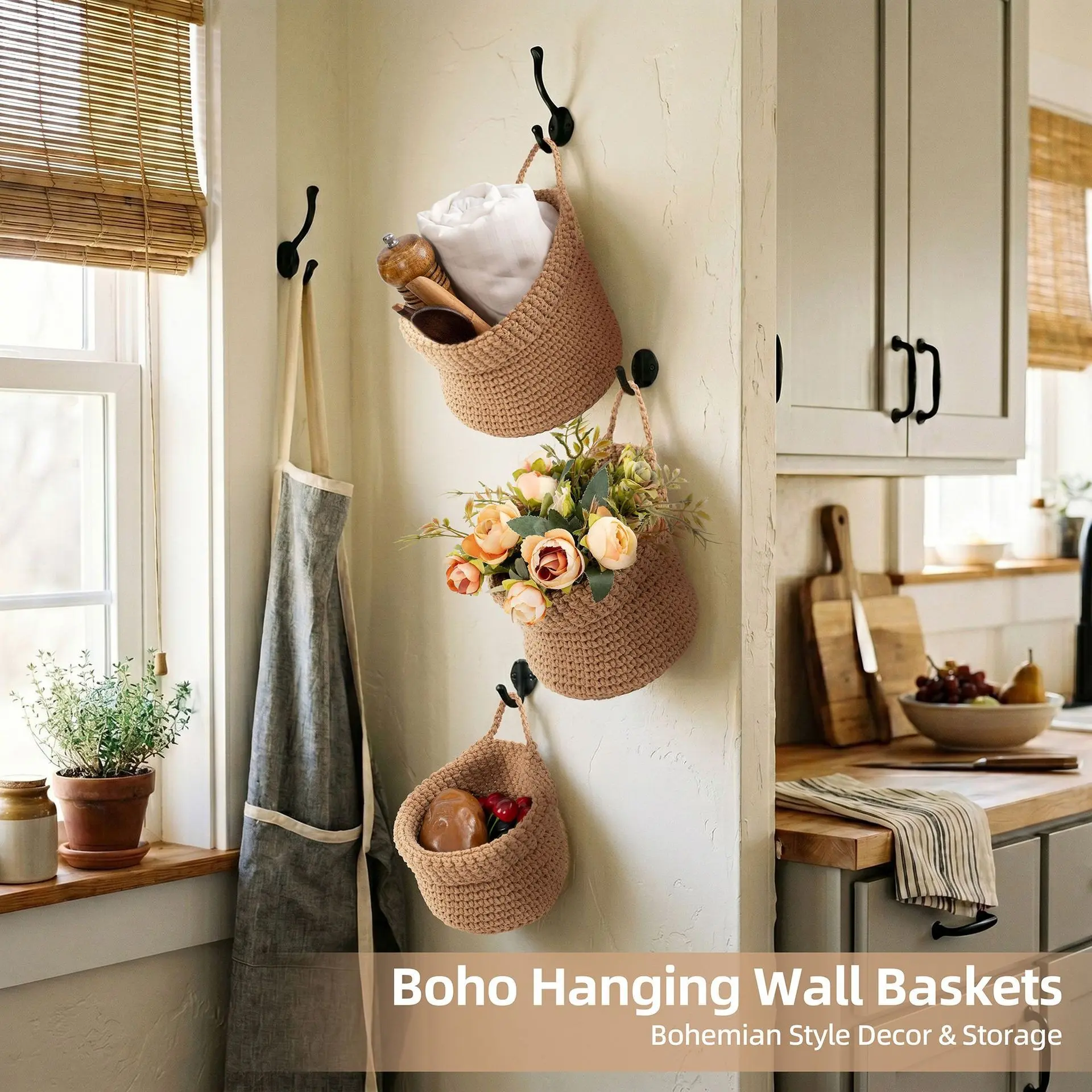 Handmade Cotton Rope Wall-Mounted Storage Basket, Bohemian Style, Set of Three Sizes, Foldable, Saves Space, Kitchen & Bedroom Use