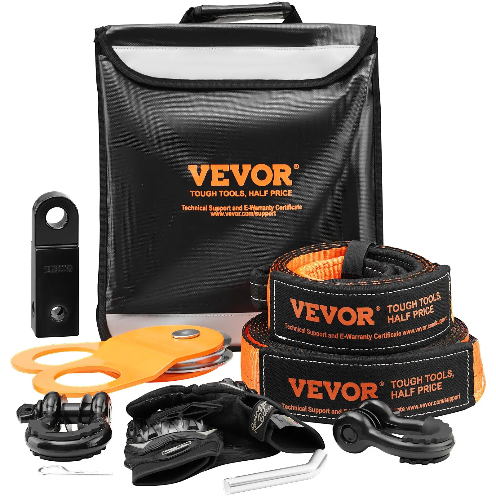 VEVOR Heavy Duty Off-Road Recovery Kit, 3 in x 30 ft Straps, 22026 lbs Receiver, D-Ring Shackles, Snatch Block Pulley, Gloves, Storage Bag for ATV/Jeep (Creek, Mud, Ditch Recovery)