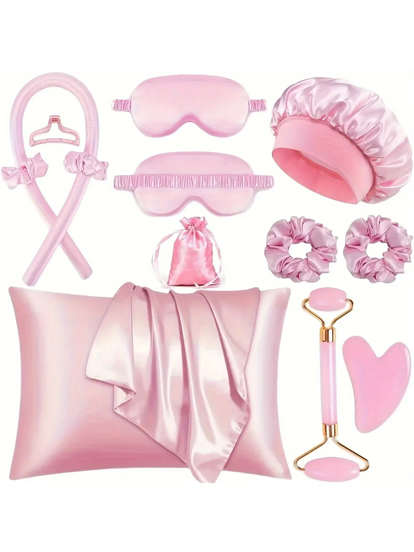 12-Piece Sleep Hairstyle Hair Accessory Set, Curling Iron Kit, Facial Massager, Headband, Soft Eye Mask, Satin Cap, Storage Bag, Face Roller