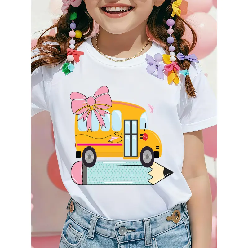 Girls' Fashion T-Shirt: Comfortable and breathable, soft short sleeves. New spring/summer style for girls' back-to-school season, featuring fashionable prints. Suitable for everyday wear at kindergarten and for cute girls