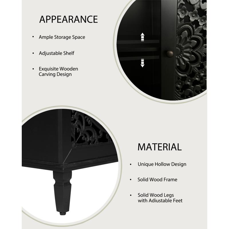 60" Antique Buffet Cabinet with Floral Carvings with Solid Wood Legs&Antique Brass Handles&Adjustable Shelves, TV Stand for 65''+ TV, Sideboard for Living Room,Dining Room (Black)