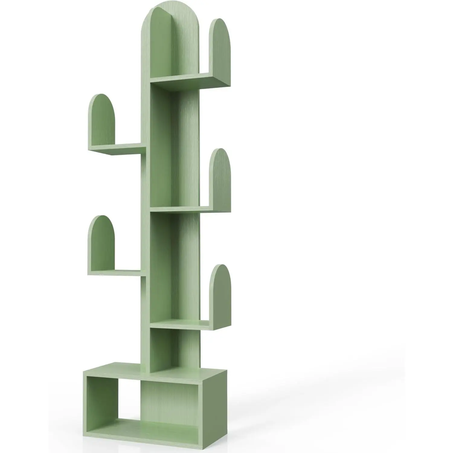 Cactus Tree Bookshelf, 5-Tier Wood 50" Tall Storage Rack for CDs/Movies/Books, Small Space-Saving Organizer Shelves for Living Room, Bedroom, Home Office (Mist Green)