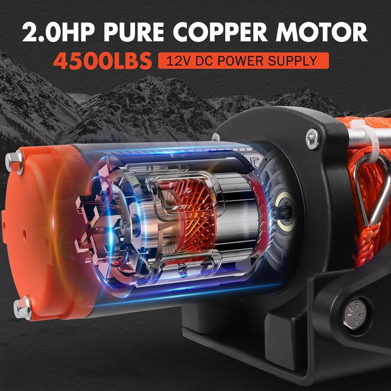 4500 lb Winch  IP67 Electric Winch with  Remote Synthetic Winch Rope Hawse Fairlead Handheld Remote ATV UTV Winches 12V Portable Power Winch