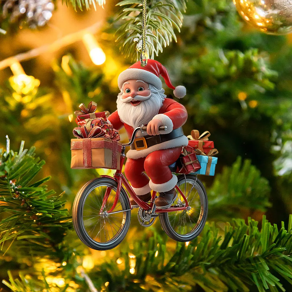 Acrylic Christmas tree ornament featuring Santa Claus riding a bicycle; suitable as a car interior accessory or a backpack charm, making it a delightful holiday decoration and gift.