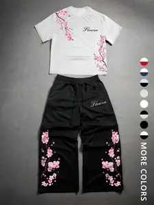 Unisex Y2K Style Sakura Two Piece Set Clothes, Cherry Blossom Print Short Sleeve T-Shirt & Wide Leg Sweatpants, Japanese Floral Streetwear, Summer Casual Wear For Anime Fans And Streetwear Lovers