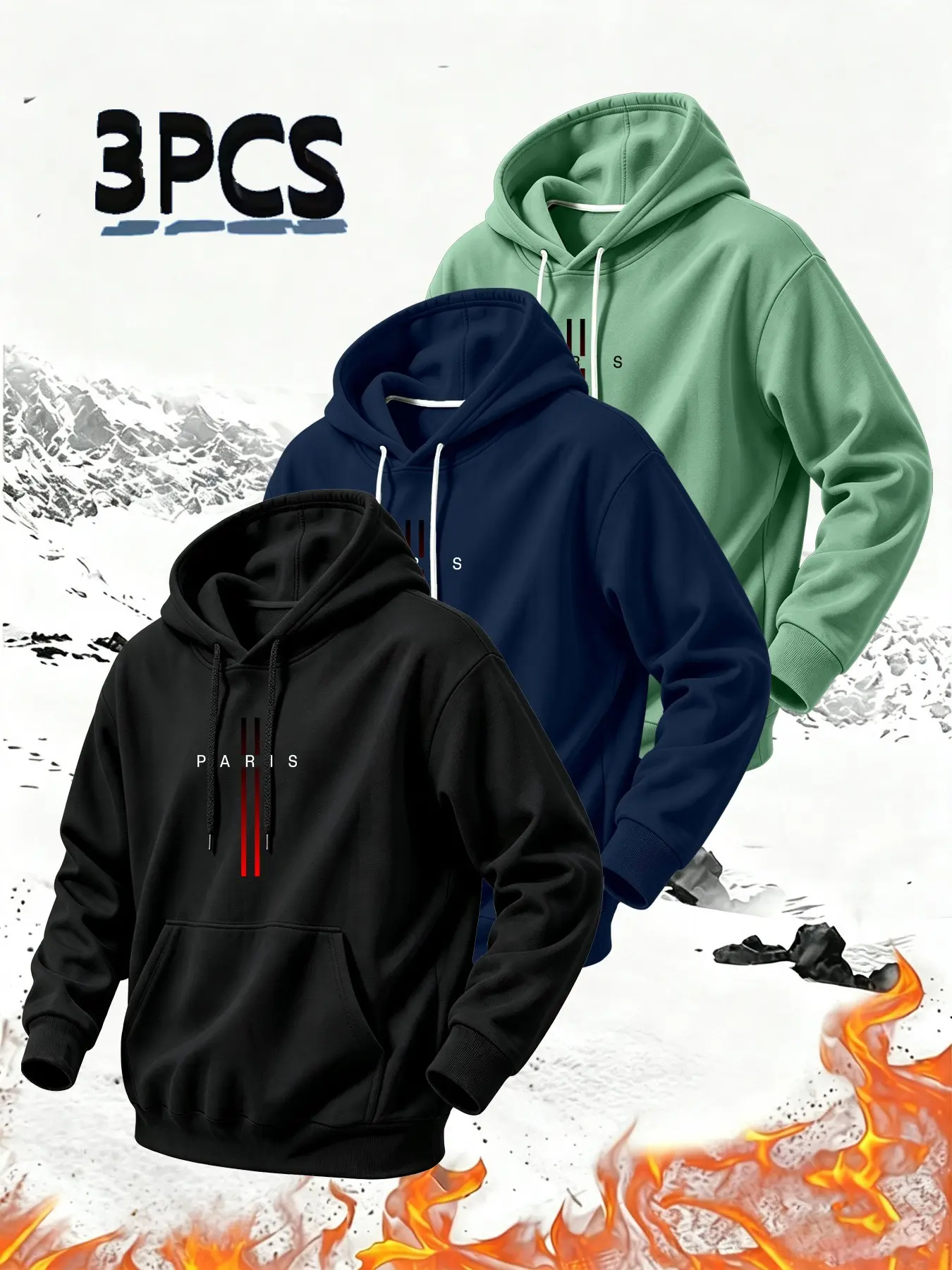 3Pcs Men's Loose Fit Pullover Hoodie, Paris Graphic Print Hooded Sweatshirt, Casual Streetwear Hoodie For Daily Commute Outdoor Sports Travel