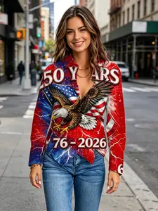 2026 New Women's Base Lightning Crack Blouse, Eagle 250th Anniversary Long Sleeve Shirt, American Flag Colorblock Collar Shirt