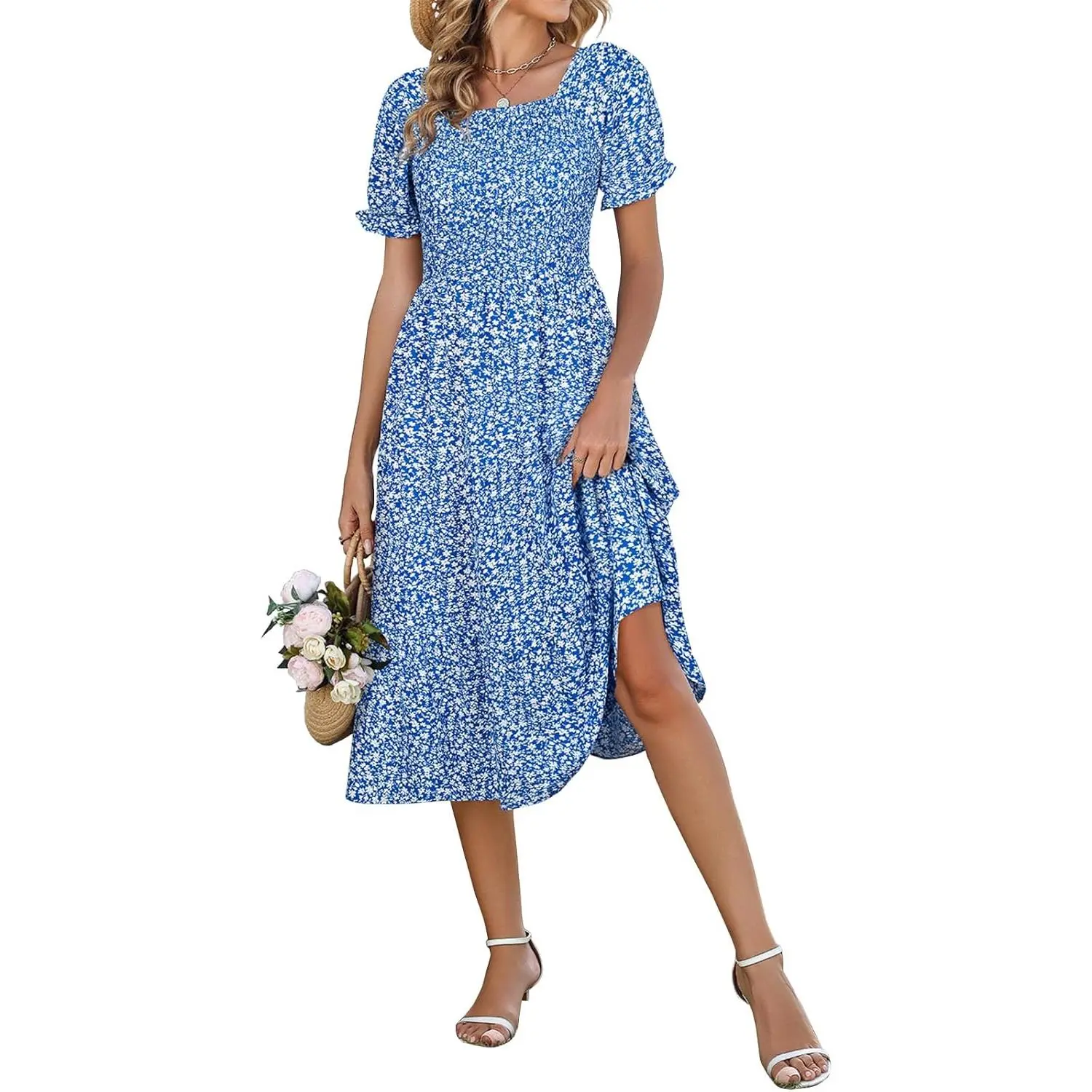 Women's Casual Floral Square Neck Midi Dress, Smocked Puff Sleeve Spring Easter Sundress with Pockets, Casual Wear, Long