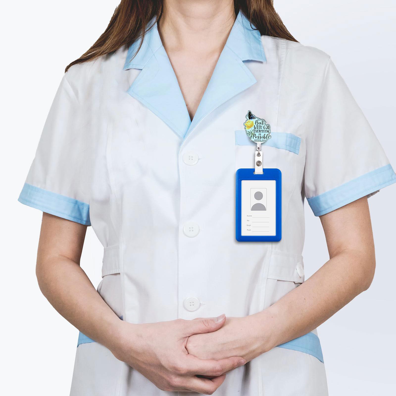 Flower & Butterfly & But With God & Everything is Possible Letter Pattern Retractable Badge Reel, 1 Count Acrylic ID Holder with Clip, Badges Supplies for Nurses Doctors Students Office Staff, Badge Reels Retractable