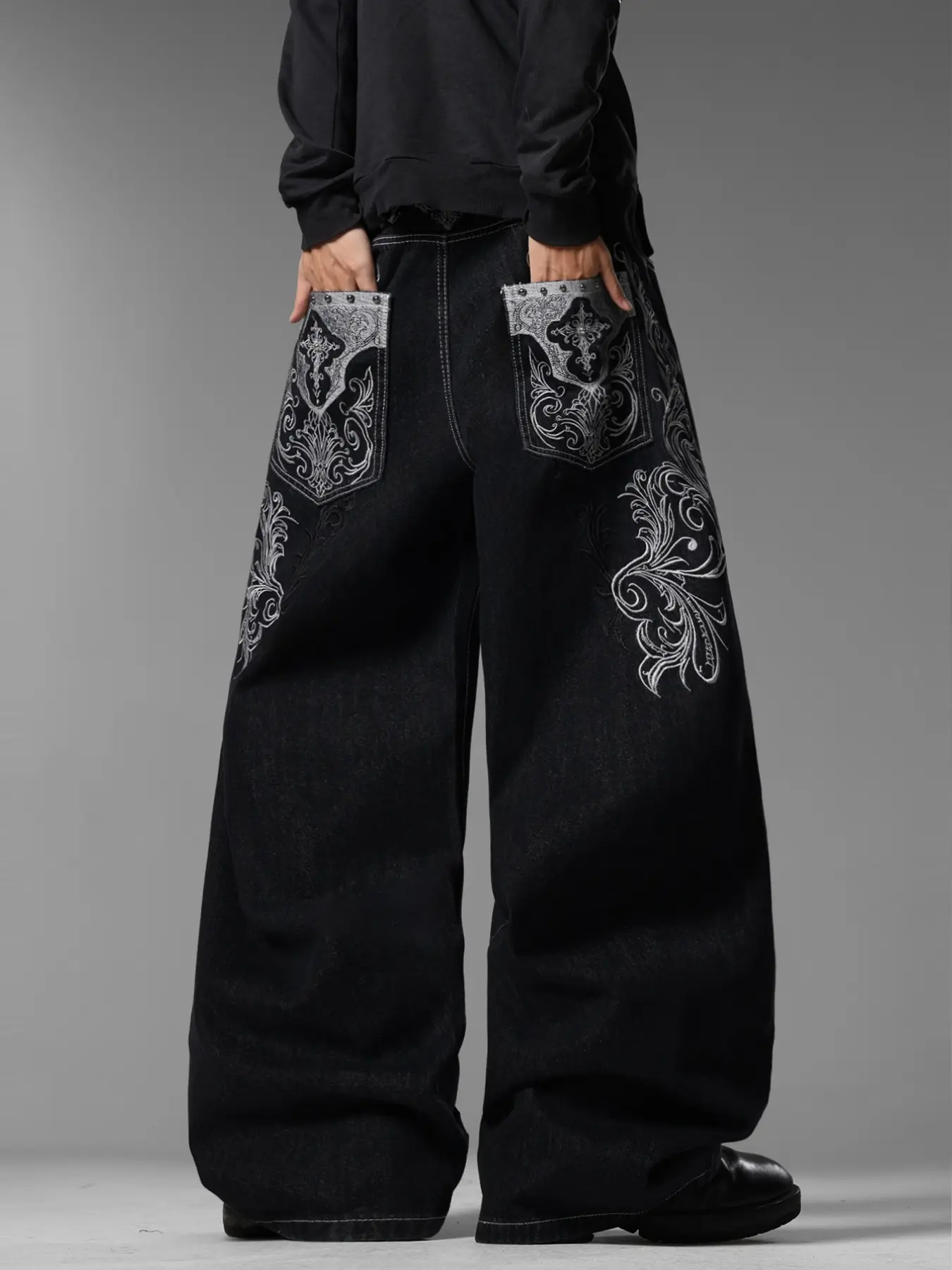 Y2K Vintage Gothic Letter Waist Embroidered Men's Jeans, Streetwear Vintage Jeans, Unique Heavy Stitching Floral Patchwork, Loose Wide Leg Straight Pants, All Seasons