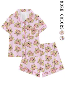 Women's Cute Pink Pig Character Print Pajama Set, Short Sleeve Button Down 2-Piece Loungewear, Adorable Cartoon Pig Sleepwear with Pink Trim,Perfect for Summer Nights & Sleepovers