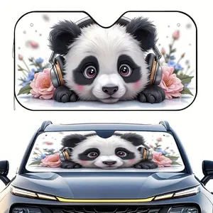 1pc 2D FLAT PRINTING Cute Panda Design Car Sun Visor with Headphones And Flowers - Dark Under Eye Circles, Robust Sun Protection, Universal Fit for Fishing Trips And Casual Use, Essential Car Accessory, Car Visor Sunshade | Stylish Sunshade