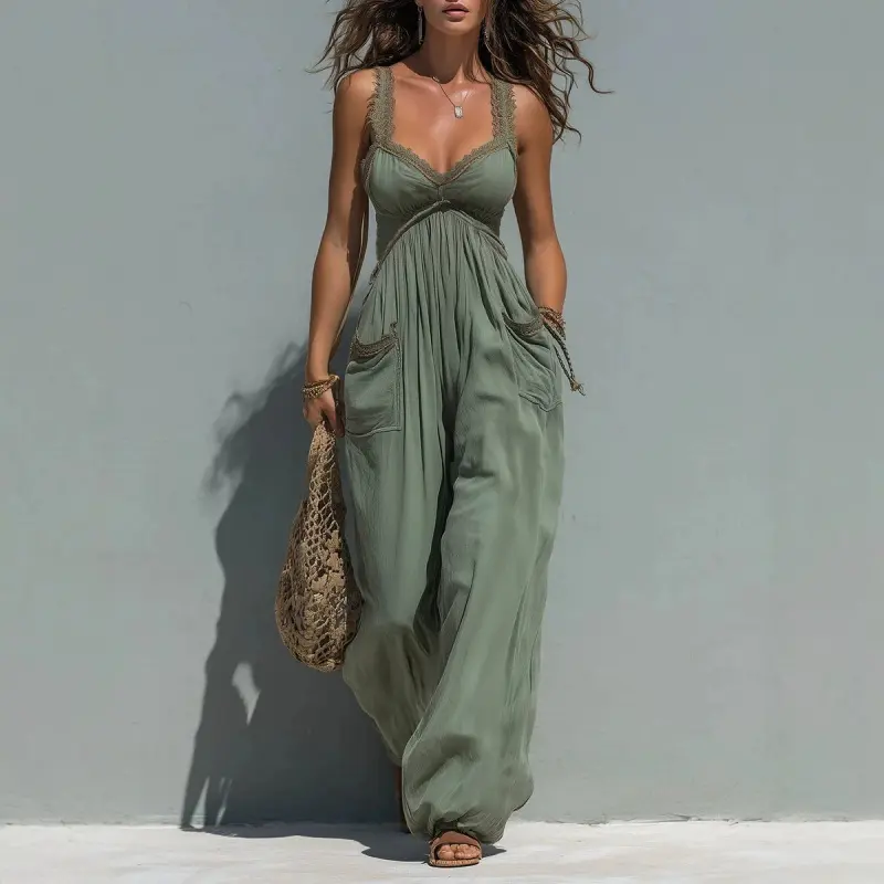 Women's Solid Color Strapless Jumpsuit, Sexy Bandeau Top Flowy Wide Leg Pants, Long Vacation Beach Overalls