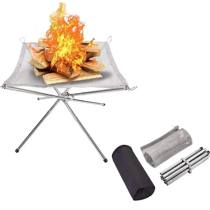 Portable Stainless Mesh Foldable Wood Fire Pit - 2 Sizes Bonfire Stand, Sturdy Camping Grill, Easy Setup for Backyard Watch Party, Outdoor Camp Portable Kitchen Griddle Cooking, Portable Flat-Top Grill Stoves